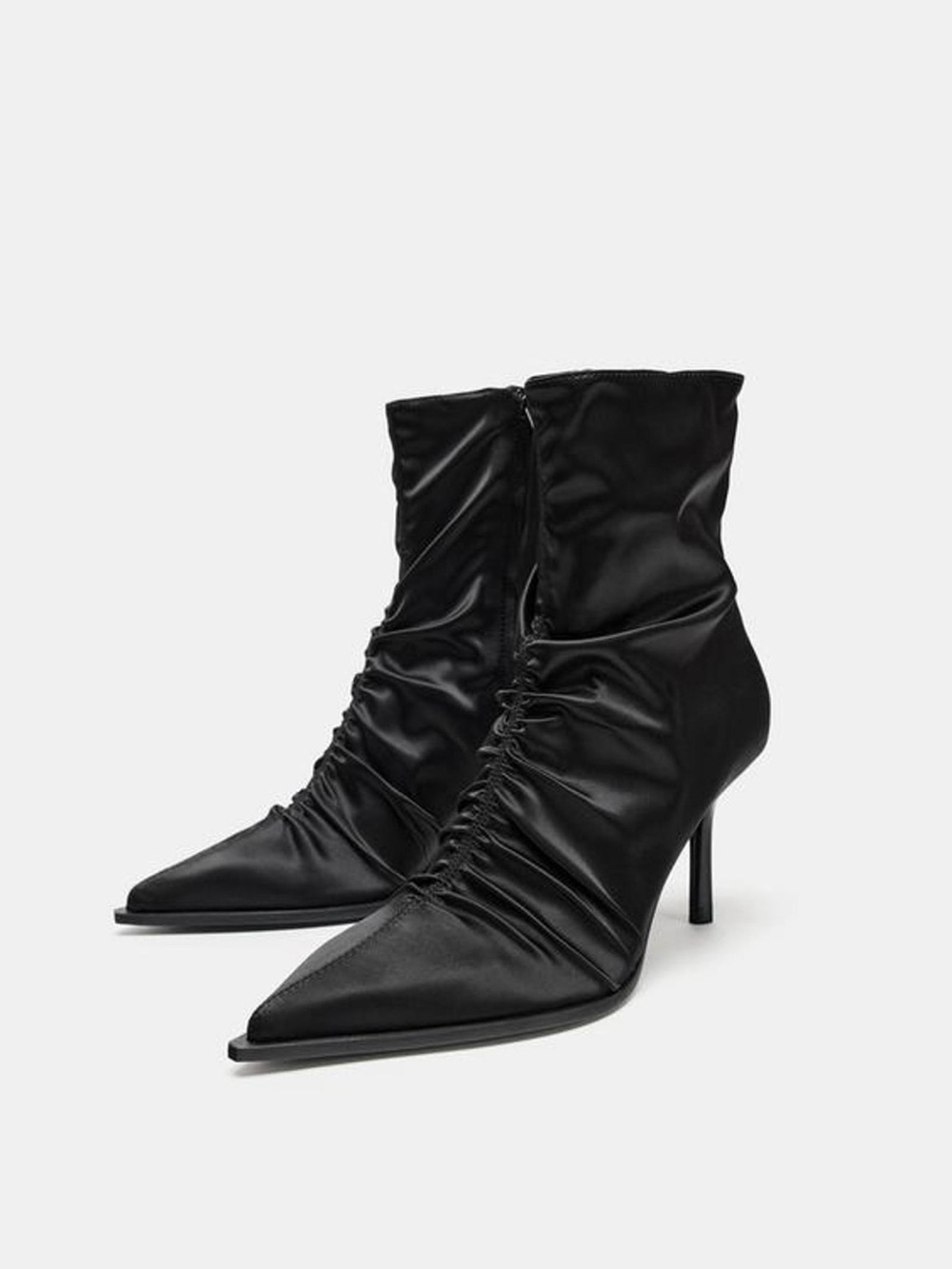 Zara Black Pointed Ruched High-Heel Ankle Boots